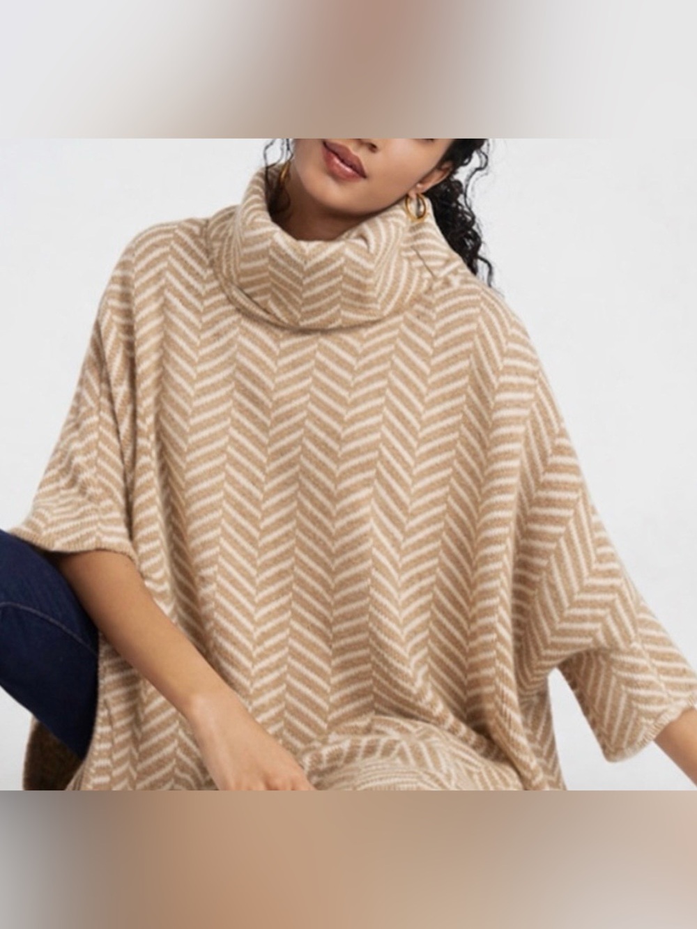 LOFT Poncho Cape 3/4 Sleeve Tan White Herringbone Cowl Neck Chunky Sweater M L P